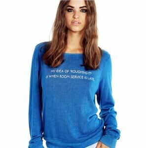 Wildfox My Idea Of Roughing It Is When Room Service Is Late blue jumper top
